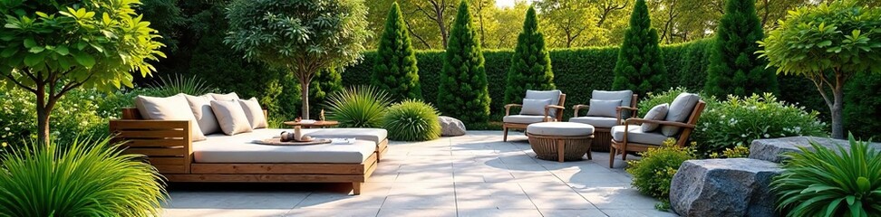 Serene patio landscape design featuring lush greenery, natural stone, and comfortable seating Perfect for relaxation and outdoor entertaining , tranquil, comfortable, stone