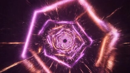 A mesmerizing journey through an infinite digital vortex of glowing neon polygons, an abstract representation of a futuristic data stream or time travel - Powered by Adobe
