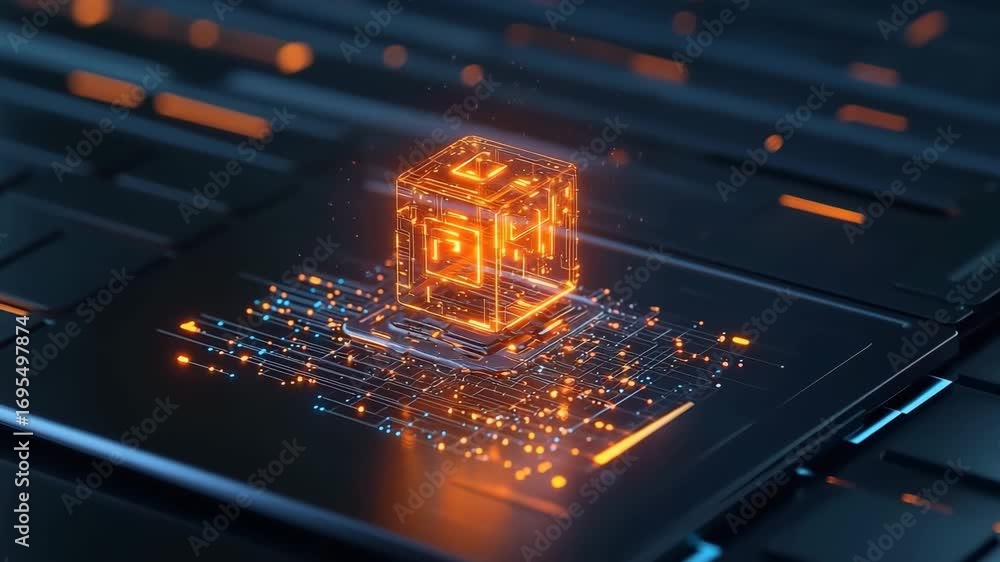 Poster futuristic glowing cube digital circuit technology innovation artificial intelligence data network m