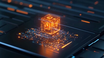 Futuristic glowing cube digital circuit technology innovation artificial intelligence data network modern abstract blue orange, symbolizing advanced - Powered by Adobe