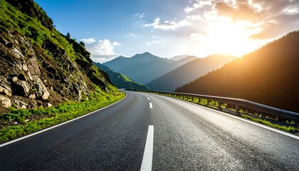 Scenic mountain highway at sunrise, revealing a breathtaking landscape