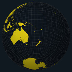 Norfolk Island on Globe. Country view on the world map in Charcoal Bright Yellow color palette. Norfolk Island shape on map. Globe with meridians, parallels, countries, rivers and lakes.