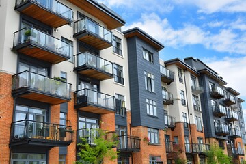 Naklejka premium Modern apartment building facade with balconies, showcasing a combination of brick and dark gray siding, under a partly cloudy sky.