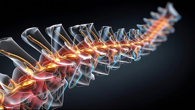 3D medical illustration of human spine with transparent vertebrae and glowing nerves on dark background
