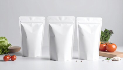Blank white stand-up pouches with fresh vegetables on a clean surface