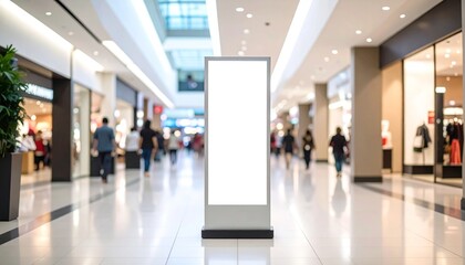 Fototapeta premium Blank vertical advertising stand mockup in a bustling shopping mall interior with a blurred background for commercial display