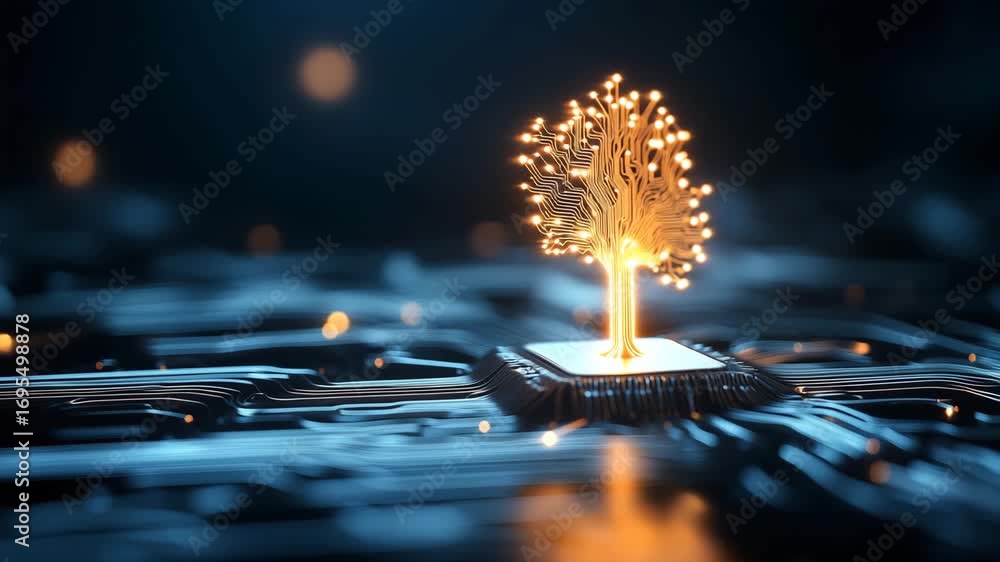 Poster glowing circuit tree on microchip symbolizing technology growth, innovation, artificial intelligence