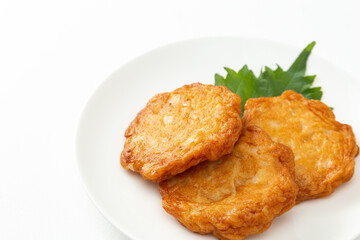 皿に乗ったさつま揚げ　白バック