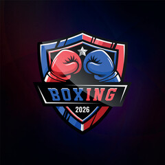 Boxing Logo Badges with shield and red blue boxing gloves