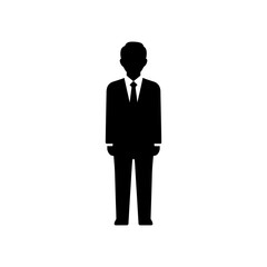 Black vector silhouette of a standing businessman in a suit, a symbol of success and a corporate team concept