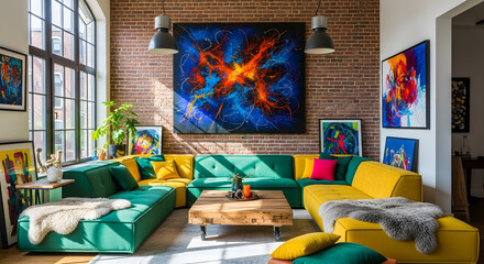 Stylish and Modern Living Room with Abstract Art, Brick Wall, and Colorful Furniture