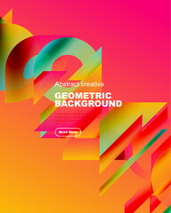 Vibrant geometric background features overlapping shapes, gradients. Text promotes content with read more button. Modern design elements present.