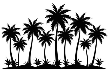 Tropical palm tree silhouettes on beach at sunset vector illustration
