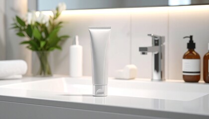 White cosmetic tube mockup on a clean bathroom counter. Blank skincare product packaging for branding presentation in a modern interior setting
