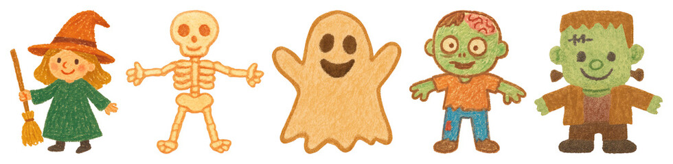 PNG Colorful Halloween cartoon characters illustration, element set on transparent background