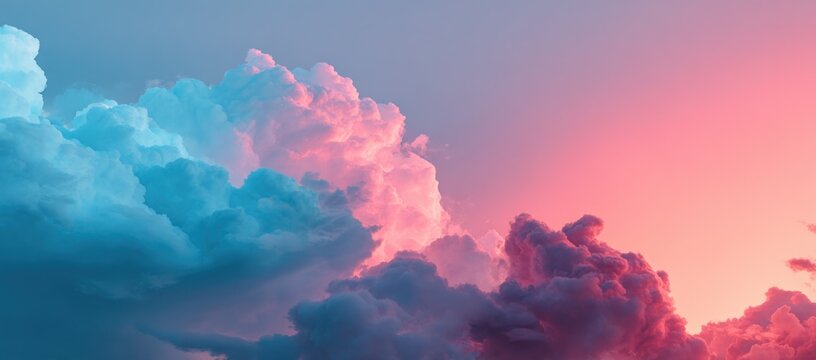 Dramatic cloudscape at dusk with cotton-like clouds in hues of pink, purple, and turquoise against a soft, pastel gradient sky