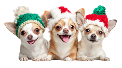 Three adorable chihuahuas wearing festive christmas hats isolated on transparent background.