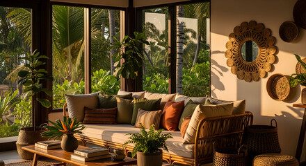 Sunlit Interior With Woven Decor And Tropical Plants Creates Serene Ambiance