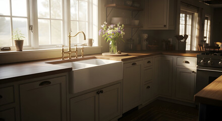Sunlit Kitchen Interior Featuring Sink, Floral Arrangement, and Elegant Cabinetry Setup