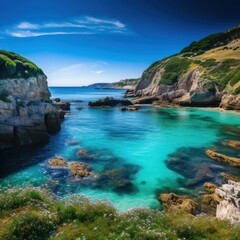 Obraz premium Turquoise Cove With Rocky Cliffs And Green Hills water clear