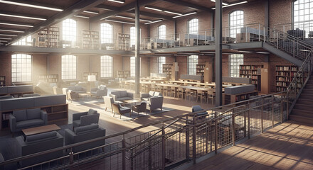 Sunlit Library Architecture Showcasing Modern Design And Elegant Interior Details