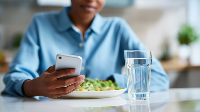 Person using smartphone while eating healthy salad at table. 
 - Powered by Adobe