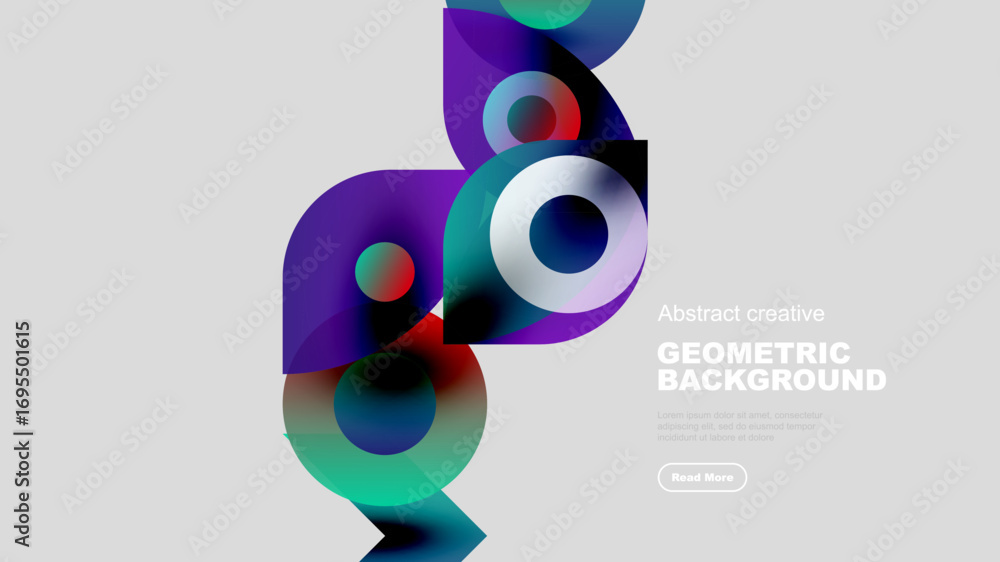 Poster abstract geometric shapes overlap, creating vibrant colorful design. minimalist style with text elem