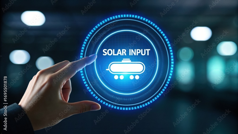 Poster green hydrogen industrial process. a hand interacts with a digital interface displaying solar input 