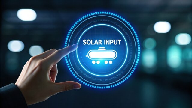 Green hydrogen industrial process. A hand interacts with a digital interface displaying solar input data.