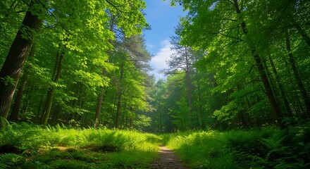 Fototapeta premium A sunlit forest path winds through a vibrant green canopy, bathed in the soft light of a summer day.