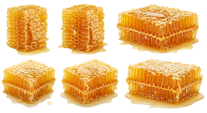 Six delicious and natural honeycomb pieces with golden honey dripping down showcasing their hexagonal cells isolated on white background