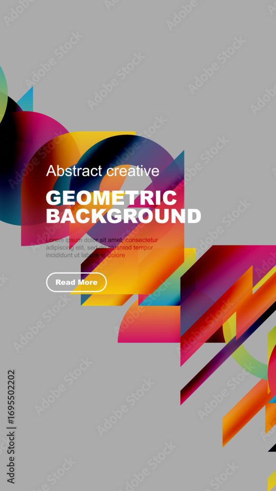 Poster modern design features vibrant geometric shapes, text, button. background is gray, creating dynamic 