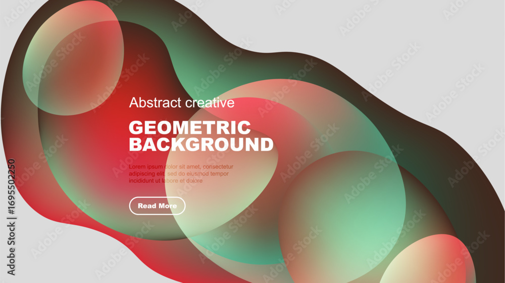 Poster abstract fluid shapes overlap, creating vibrant geometric background. text block present with call t