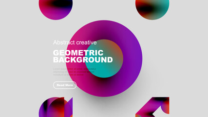Abstract geometric background features vibrant circles, gradients, text. Modern design elements create dynamic visual composition.
