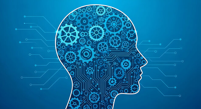 Abstract human head silhouette filled with blue gears and circuits, symbolizing artificial intelligence and technology on a blue background