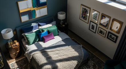 Stylish Master Bedroom Interior with Bed, Pillows, Artwork, Lamps, and Decorative Items