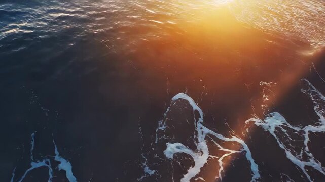Ocean Sunrise: An aerial view captures the mesmerizing beauty of the ocean at sunrise, with golden sunlight shimmering on the dark water, creating ethereal patterns and gentle waves.