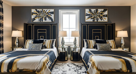 Stylish modern bedroom interior design with two luxury beds and artwork on the wall