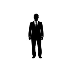 A full-body silhouette of a successful businessman in a suit and tie, standing confidently