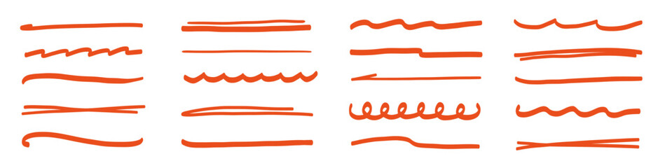 Line marker red underline set. Hand drawn red pen and brush stroke with underline accent, swoosh detail and squiggly sketch mark. Scribble texture and curved paint tail. Vector illustration