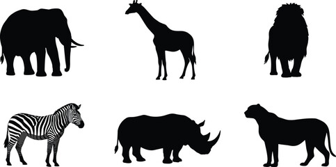 PrintSilhouettes of African wildlife animals including elephant, giraffe, lion, zebra, rhinoceros, and cheetah isolated on white background, safari nature icons, wild animal shapes