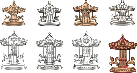 Vintage carousel illustrations, hand-drawn merry-go-round sketches, amusement park ride drawings, classic fairground horses, retro carnival artwork collection. © Creatives Art