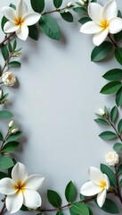 Fototapeta premium Eucalyptus & white blossoms border gray concrete Elegant botanical frame , border, gray, white flowers