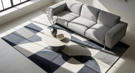 Stylish modern living room interior with sofa, rug, coffee table, and decor elements