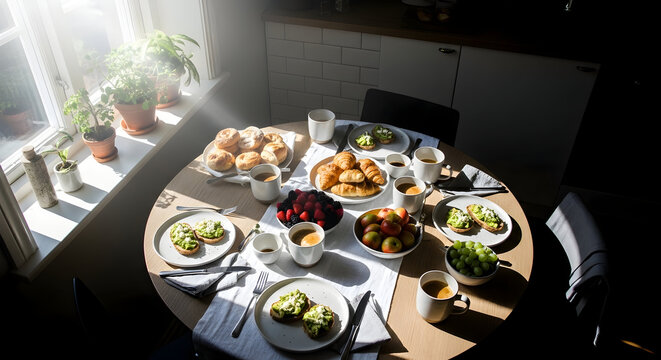 Top-Down View Of A Sunlit Breakfast Table Prepared For Multiple Individuals - Powered by Adobe