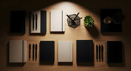 Stylish Office Stationary Layout Desk with Notebooks, Pens, and Decorative Items