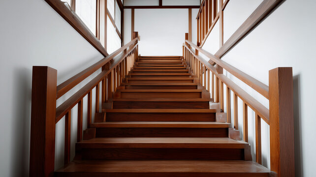 Wooden staircase with handrails and balusters
