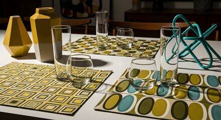 Stylish Table Setting Featuring Vases Drinking Glasses and Decorative Placemats with Unique Patterns