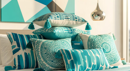Stylish Stack of Turquoise Decorative Pillows with Abstract Pattern and Tassels