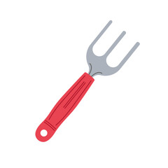 Garden hand fork with a red handle for planting and tilling soil in outdoor spaces